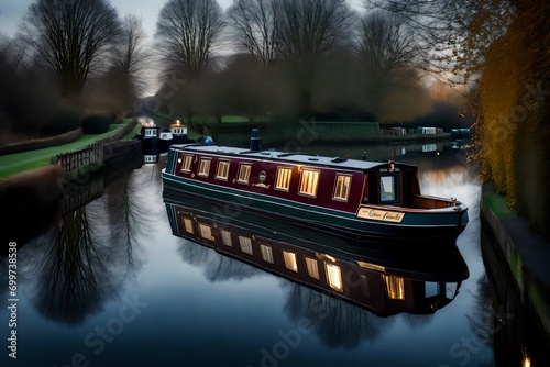 Narrow boat on the Bridgewater canal during cold weather in England stock photo photo