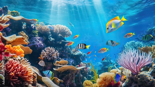Underwater beauty, marine biodiversity, tropical fish, vibrant coral, aquatic paradise, marine ecosystem. Generated by AI. © Anastasia