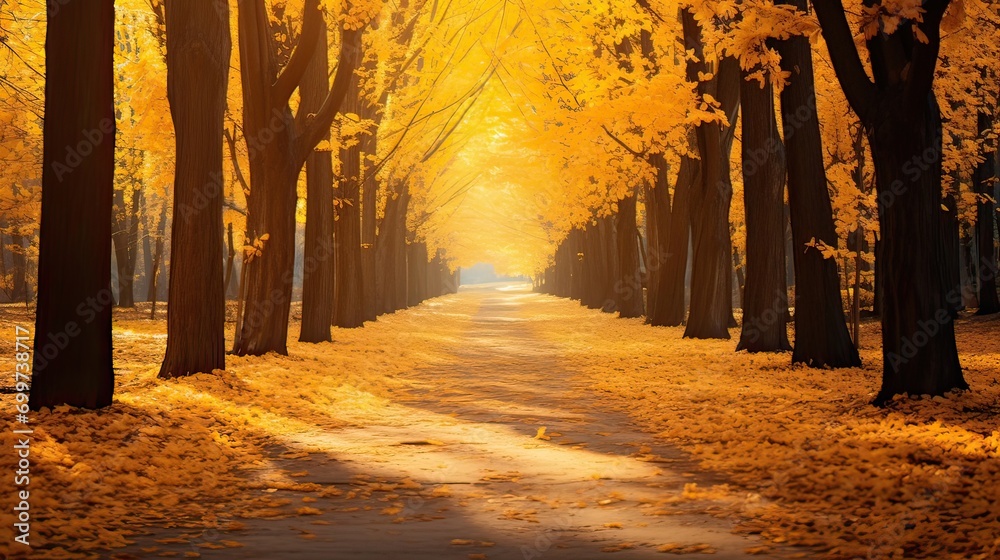 A park pathway adorned with a tapestry of golden autumn leaves. Golden autumn leaves, park pathway, tapestry, peaceful stroll, fall beauty, seasonal ambiance. Generated by AI.