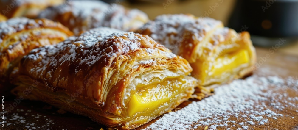 Dulce de leche and mango-filled puff pastry, topped with icing sugar.