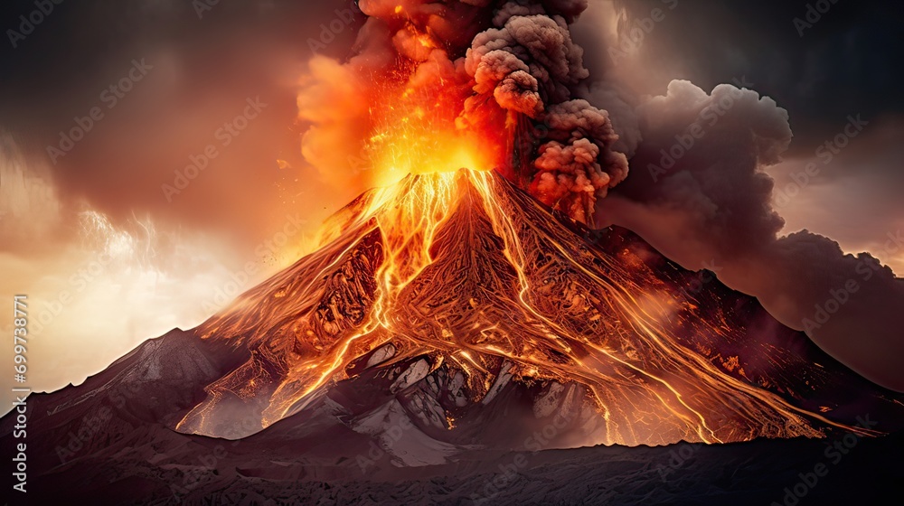 The volcano erupts, ejecting molten lava with swirling smoke and ash. Erupting volcano, molten lava, swirling smoke, volcanic ash, intense force. Generated by AI.