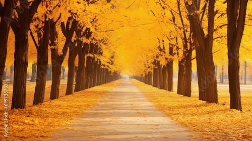 A park pathway adorned with a tapestry of golden autumn leaves. Golden autumn leaves  park pathway  tapestry  peaceful stroll  fall beauty  seasonal ambiance. Generated by AI.