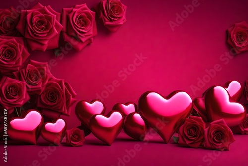 valentine background with red roses and hearts, Beautiful hearts 3d illustration, flowers, bouquet of red roses, magenta, pink background luxury cloth, elegant wallpaper, background, copy space, bann