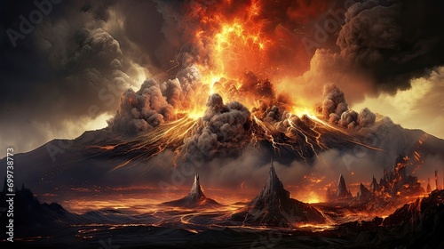 A volcanic eruption spews fiery lava along with dense smoke and ash. Fiery lava eruption, dense smoke, volcanic ash, raw power, majestic fury. Generated by AI.