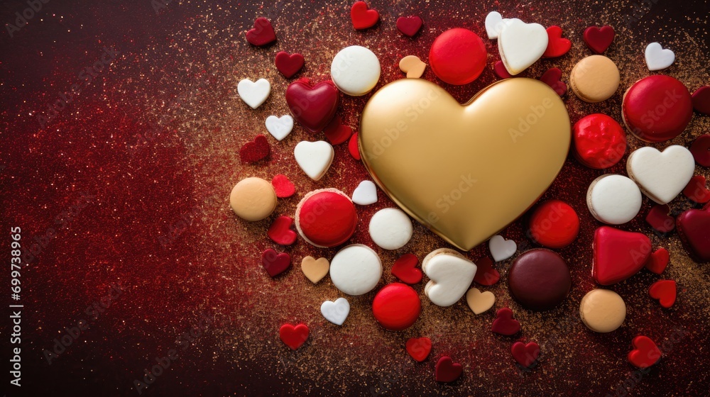 Obraz premium Delicious macarons Valentine's Day theme background Sweet romantic gift with copy space.
