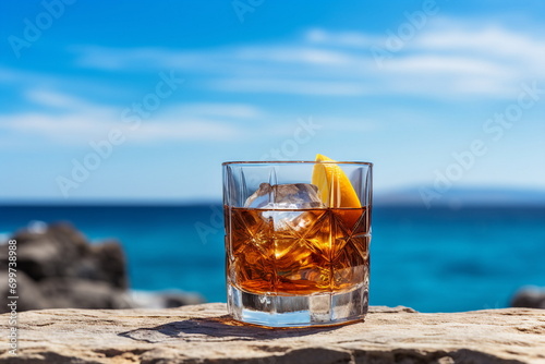 glass of whiskey on a stone in an ocean background  Genereative AI