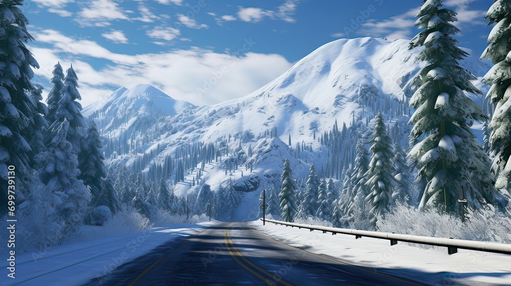 Scenic, snowy, serene, majestic, tranquil, frosty, wintertime, snow-covered, mountainous, frost-covered. Generated by AI.