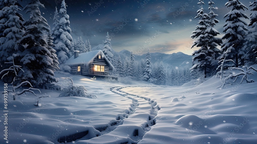Tranquil, cozy, snowy, cabin oasis, peaceful, snowy path, winter hideout, inviting, frosty, picturesque. Generated by AI.