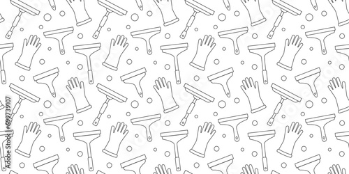 Seamless pattern with gloves and plastic handle window squeegee for cleaning window with bubbles on white background.Cartoon pattern of tools window cleaner housekeeping products in black and white.
