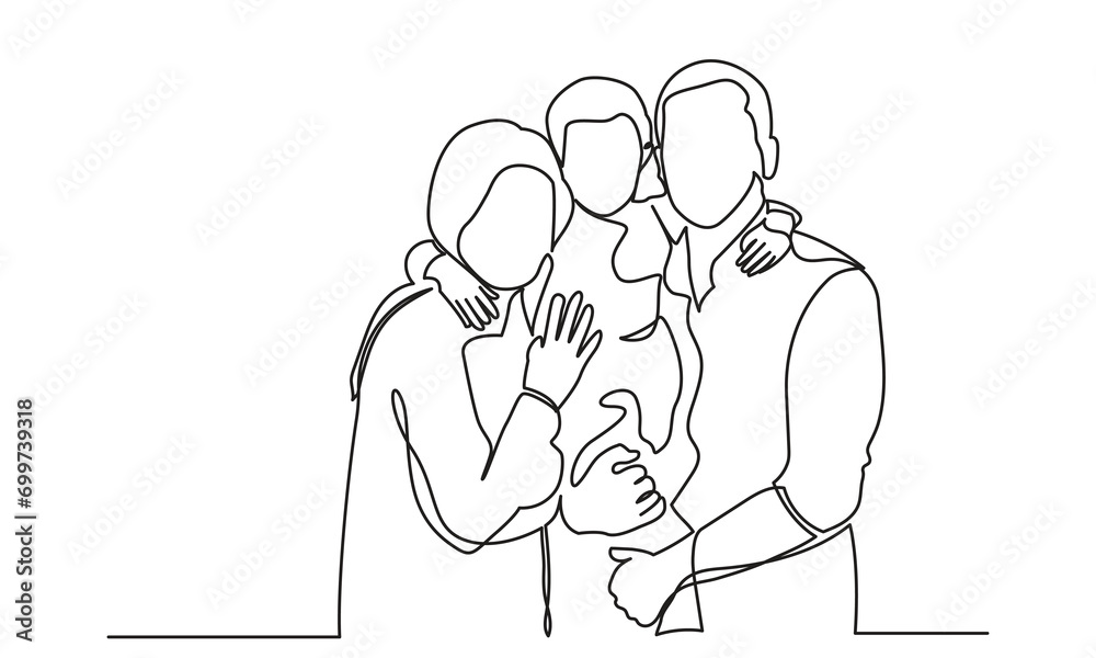 Happy Family single continuous line drawing of A happy family with one child. isolated on a white background. Vector illustration.
Happy Family single continuous line drawing of A happy family with one child. isolated on a white background. Vector illustration.