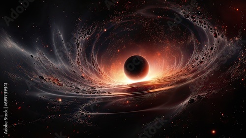 Experience the captivating force of a black hole's shimmering gravity. Gravitational allure, cosmic distortion, celestial fascination, space-time warp. Generated by AI.