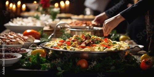 Catering buffet food on a long table in a hotel restaurant