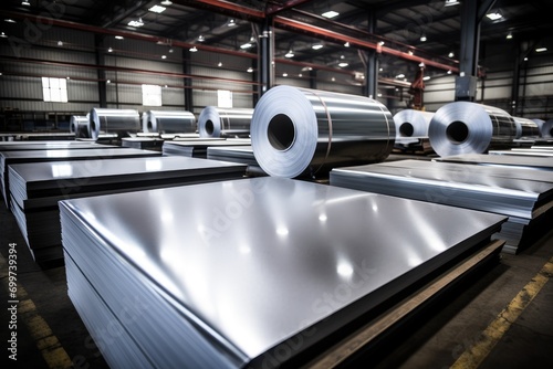 Rolls of galvanized steel sheet inside the factory or warehouse. Industrial production photo