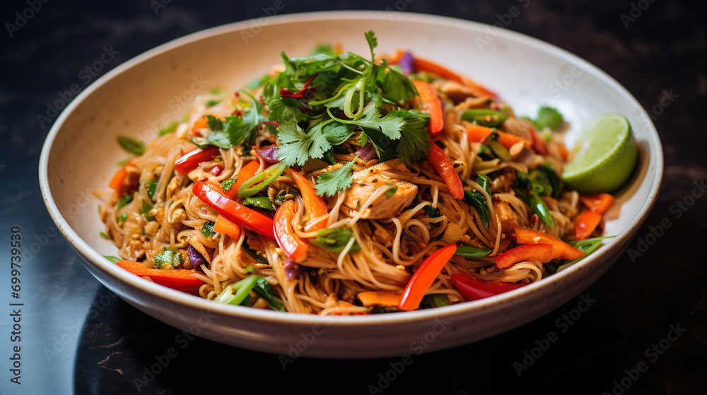 Spicy peanut coconut vegetable noodle bowl, authentic recipe, Photos for menus, magazines