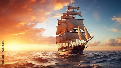 Elegant Sailing Ship Gliding on Calm Sea at Sunrise with Majestic Mountains in Background