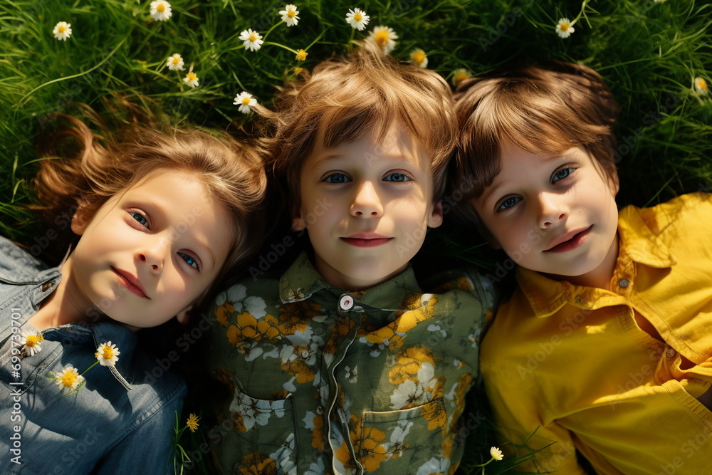 group of children lying on field and looking up, Genereative AI group of children lying on field and looking up, Genereative AI