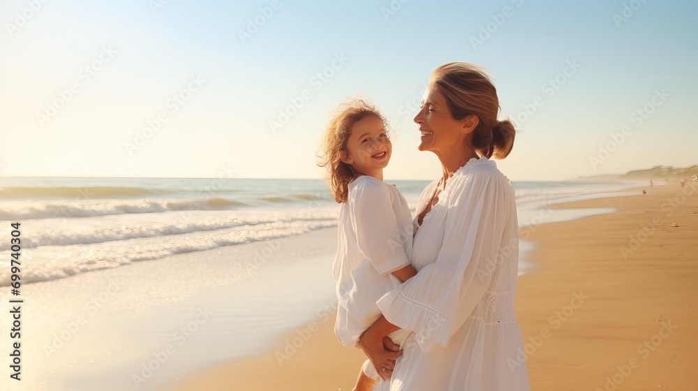 Happy Grandmother and Granddaughter on Beach, Sea View, Palm Trees, Sun Rays. 4k Resolution