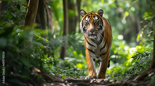Capturing the Grace of the Wild: Majestic Tiger Strolling Through the Forest, Powerful Paws and Confident Stare Showcasing its Natural Splendor in the Wild Habitat