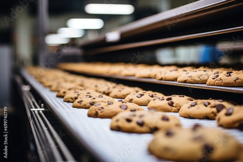 Chocolate Chip Cookies on Conveyor Belt in Food Factory photo