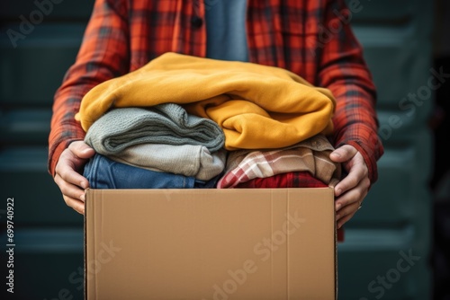 Volunteer holding box of clothes for charity donation