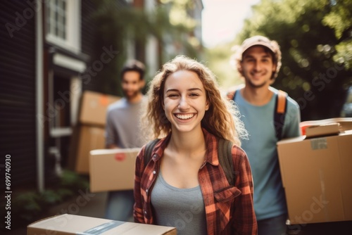 Smiling group of young students moving into college dorm photo