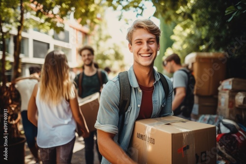 Smiling group of young students moving into college dorm