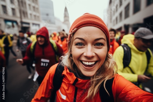 Smiling young woman taking selfie during city marathon