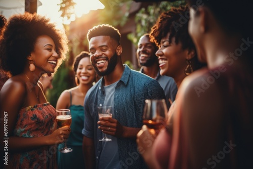 Smiling group of young African American people drinking together photo
