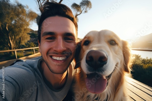 Smiling young man taking a selfie with his golden retriever outside