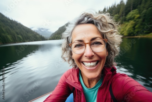 Smiling middle aged woman taking selfie lakeside