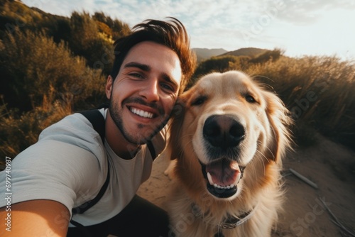 Smiling young man taking a selfie with his golden retriever outside