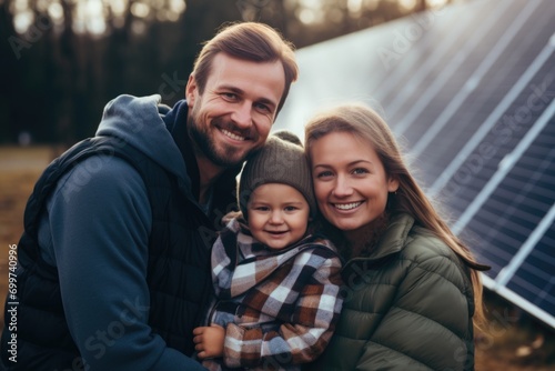 Portrait of a happy young family next to solar panels
