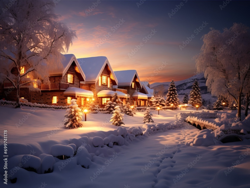 Snow-covered village at twilight, children playing, warm lights from cozy homes, real, 8K
