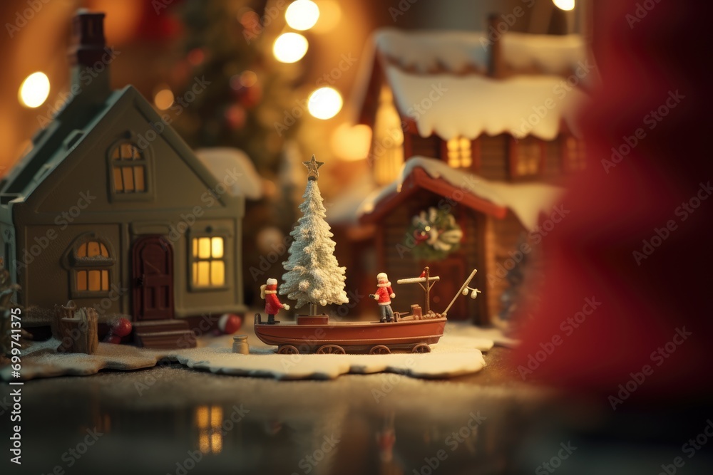 Christmas City Street with Snowy Trees. Christmas concept small toy scene with macro photo miniature of a tiny Christmas city street