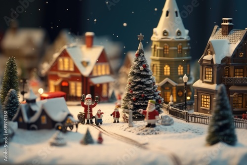 Christmas City Street with Snowy Trees. Christmas concept small toy scene with macro photo miniature of a tiny Christmas city street