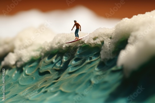 Mini Surfing Toy on a Big Wave. Beach concept small toy scene with macro photo miniature of a tiny surfing toy catching a big wave. © leographics