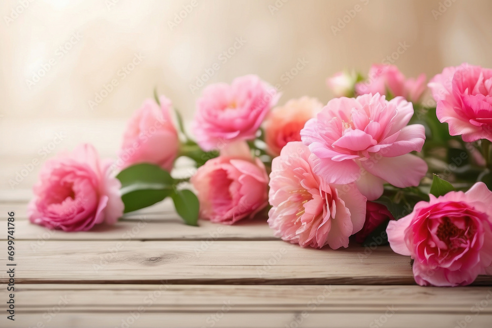 Flowers bouquet on a wooden tabletop background