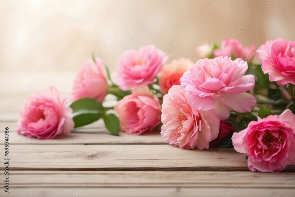 Flowers bouquet on a wooden tabletop background Flowers bouquet on a wooden tabletop background