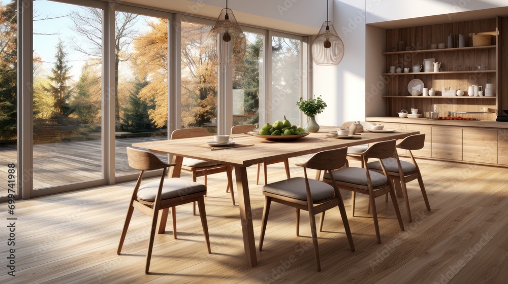 Wooden setted dining table and chairs in scandinavian interior design of modern dining room with window.