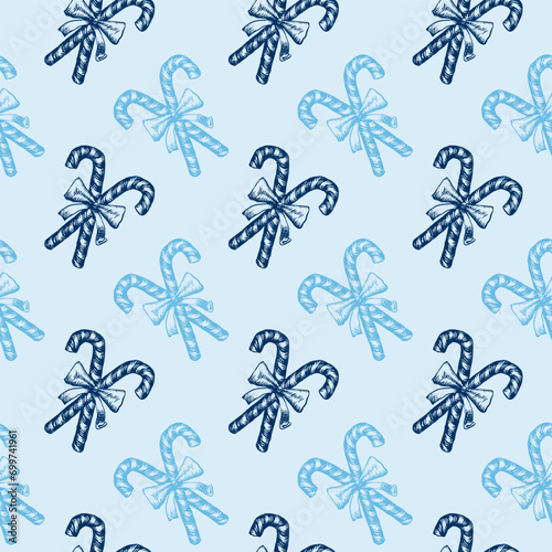 Blue and White Peppermint Candy Cane Sticks Vector Seamless Pattern. Festive Xmas Wrapping Paper or Scrapbooking