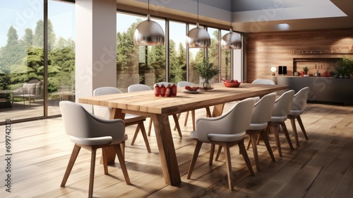 Wooden setted dining table and chairs in scandinavian interior design of modern dining room with window. © piumi