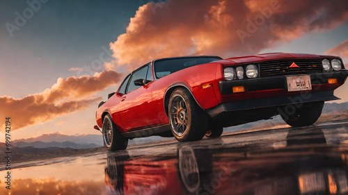 A photo of red car with the sky.