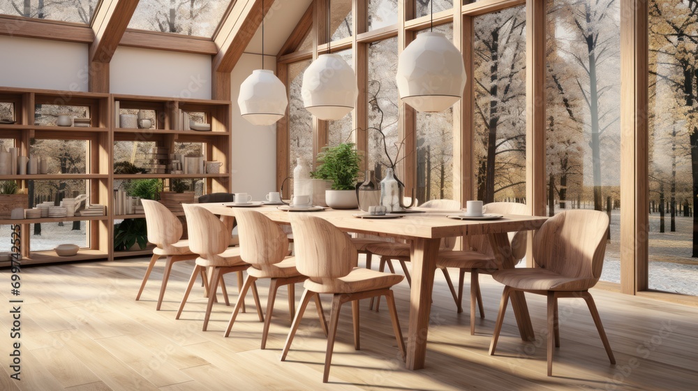 Wooden setted dining table and chairs in scandinavian interior design of modern dining room with window.
