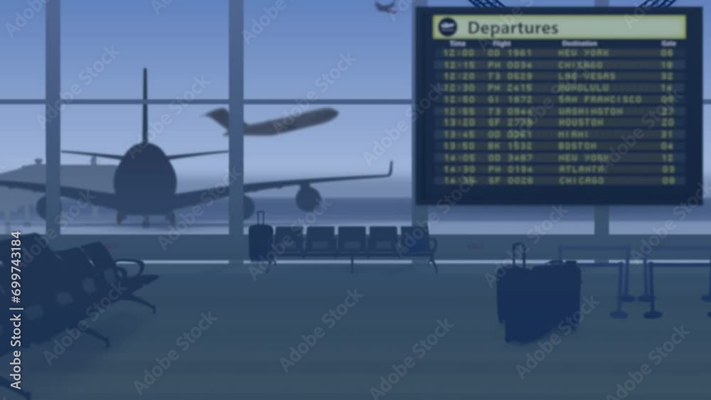 The frame shows an empty airport in the general background, a waiting room without people outside the windows of which planes that take off on the runway and transportation. Animation with graphics The frame shows an empty airport in the general background, a waiting room without people outside the windows of which planes that take off on the runway and transportation. Animation with graphics