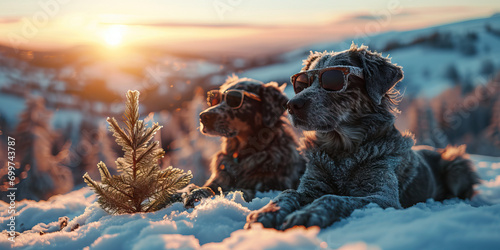 Chillin' Canines: Two Black Dogs in the Snow, Sporting Sunglasses at Sunset for a Stylish Winter Evening photo