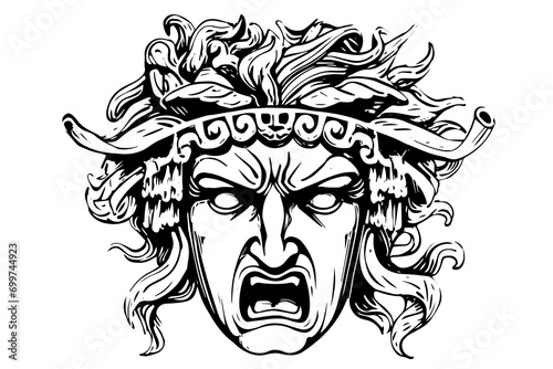 Angry hermes head hand drawn ink sketch. Engraved style vector illustration