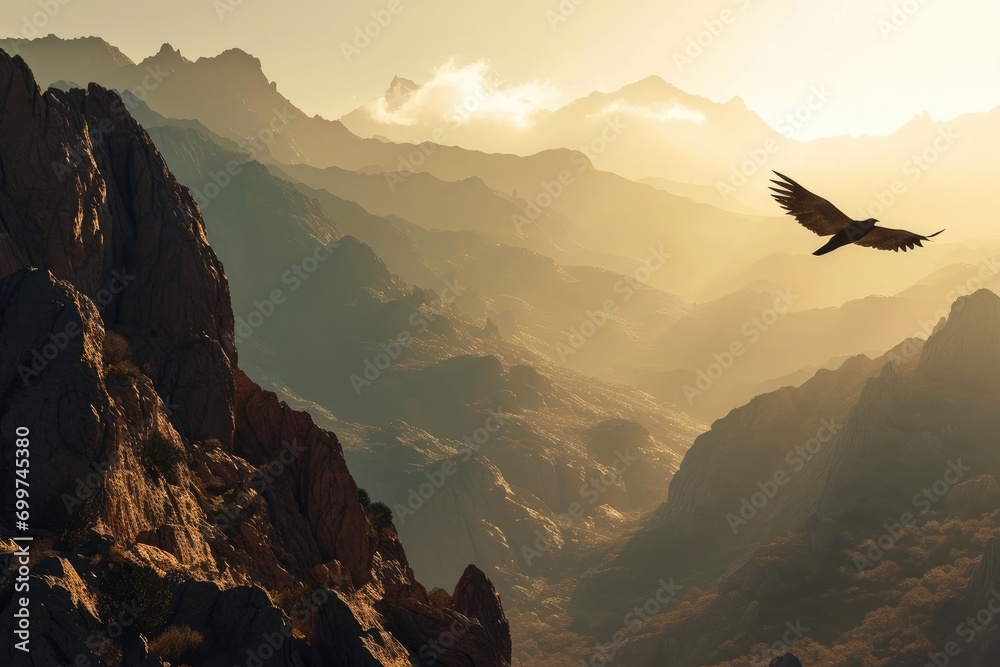 Flight of a Bird over the Mountains Background - Classical Antiquity Bird Illustration with tuned Colors - Explosive Wildlife Wallpaper created with Generative AI Technology