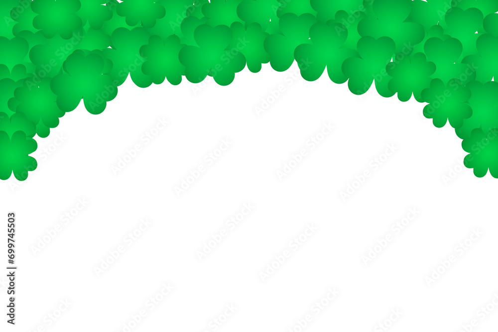 Clover shamrock leaves border. St. Patrick's day event celebration frame. Green border for banner with leaf confetti for Saint Patrick day. Four lucky grass leaves symbol. Clover shamrock leaves border. St. Patrick's day event celebration frame. Green border for banner with leaf confetti for Saint Patrick day. Four lucky grass leaves symbol.