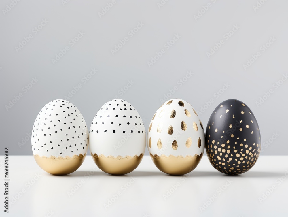 Collection of Elegant Easter Eggs with golden, white and black patterns on a grey background