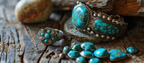 Display of vintage Southwestern jewelry featuring a chunky turquoise cuff bracelet and an old cluster turquoise ring.